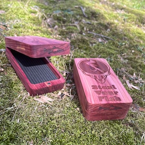 Fly Box Clam Shell Red Cedar Steal Your Fish with Parachute Fly Custom Handcrafted in USA - Perfect fly fishing gift Grateful Dead Parody