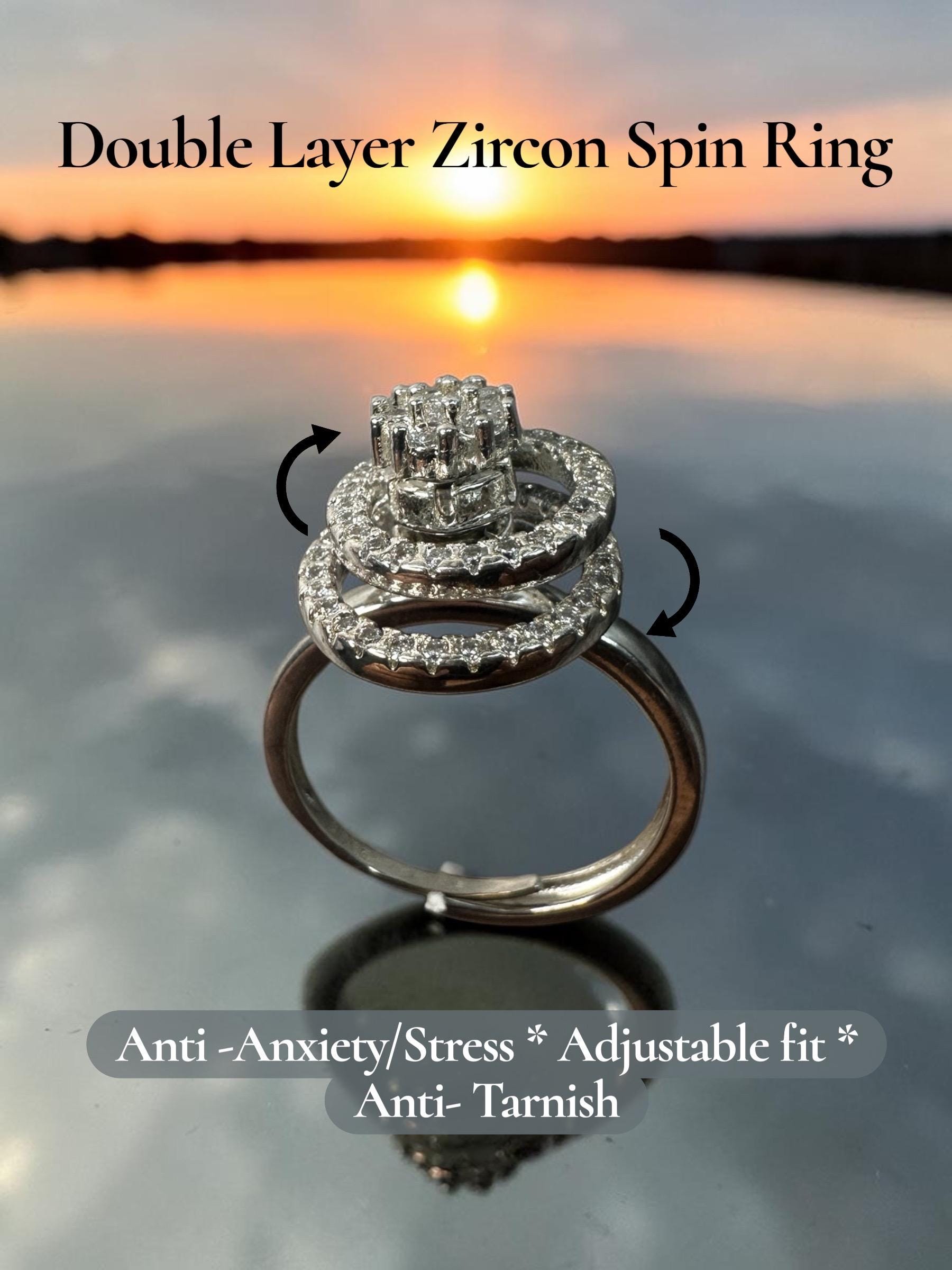 Dainty S925 Double Spinner Ring Silver Adjustable Fidget Jewelry Skin ...