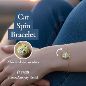 Dainty Trendy Cat Spinner Bracelet: Silver Plated Adjustable Fidget Jewelry skin picking stimming anxiety adhd desk gift nail biting