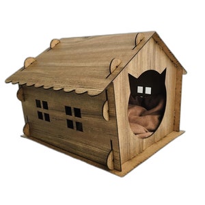 Holz Katzenhaus, Braun Katzenhaus, Katzenliebhaber Geschenk, Katzenhaus, Haustiermöbel, Haustierzubehör, Katzenhaus Indoor, Katzenmöbel, Gepolstertes Katzenhaus