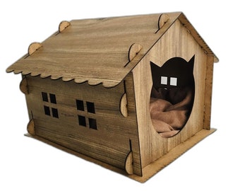 Wood Cat House,Brown Cat House,Cat Lover Gift,Cat House,Pet Furniture,Pet Accessories,Cat House Indoor,Cat Furniture,Padded Cat House