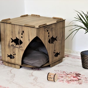 Holz Katzenhaus, Braun Katzenhaus, Katzenliebhaber Geschenk, Katzenhaus, Haustiermöbel, Haustierzubehör, Katzenhaus Indoor, Katzenmöbel, Gepolstertes Katzenhaus