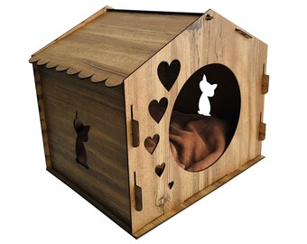 Wood Cat House,Brown Cat House,Cat Lover Gift,Cat House,Pet Furniture,Pet Accessories,Cat House Indoor,Cat Furniture,Padded Cat House