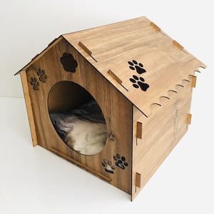 Holz Katzenhaus, Braun Katzenhaus, Katzenliebhaber Geschenk, Katzenhaus, Haustiermöbel, Haustierzubehör, Katzenhaus Indoor, Katzenmöbel, Gepolstertes Katzenhaus