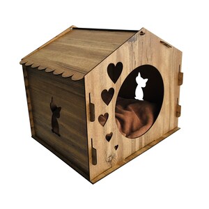 Holz Katzenhaus, Braun Katzenhaus, Katzenliebhaber Geschenk, Katzenhaus, Haustiermöbel, Haustierzubehör, Katzenhaus Indoor, Katzenmöbel, Gepolstertes Katzenhaus