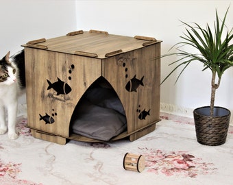 Casa para gatos de madera, Casa para gatos marrón, Regalo para amantes de los gatos, Casa para gatos, Muebles para mascotas, Accesorios para mascotas, Casa para gatos en interiores, Muebles para gatos, Casa para gatos acolchada