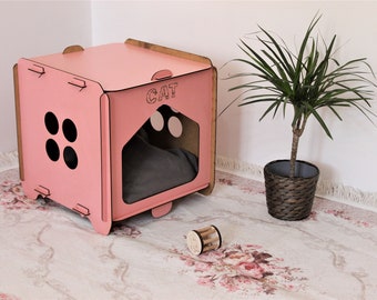 Casa para gatos de madera, Casa para gatos marrón, Regalo para amantes de los gatos, Casa para gatos, Muebles para mascotas, Accesorios para mascotas, Casa para gatos en interiores, Muebles para gatos, Casa para gatos acolchada