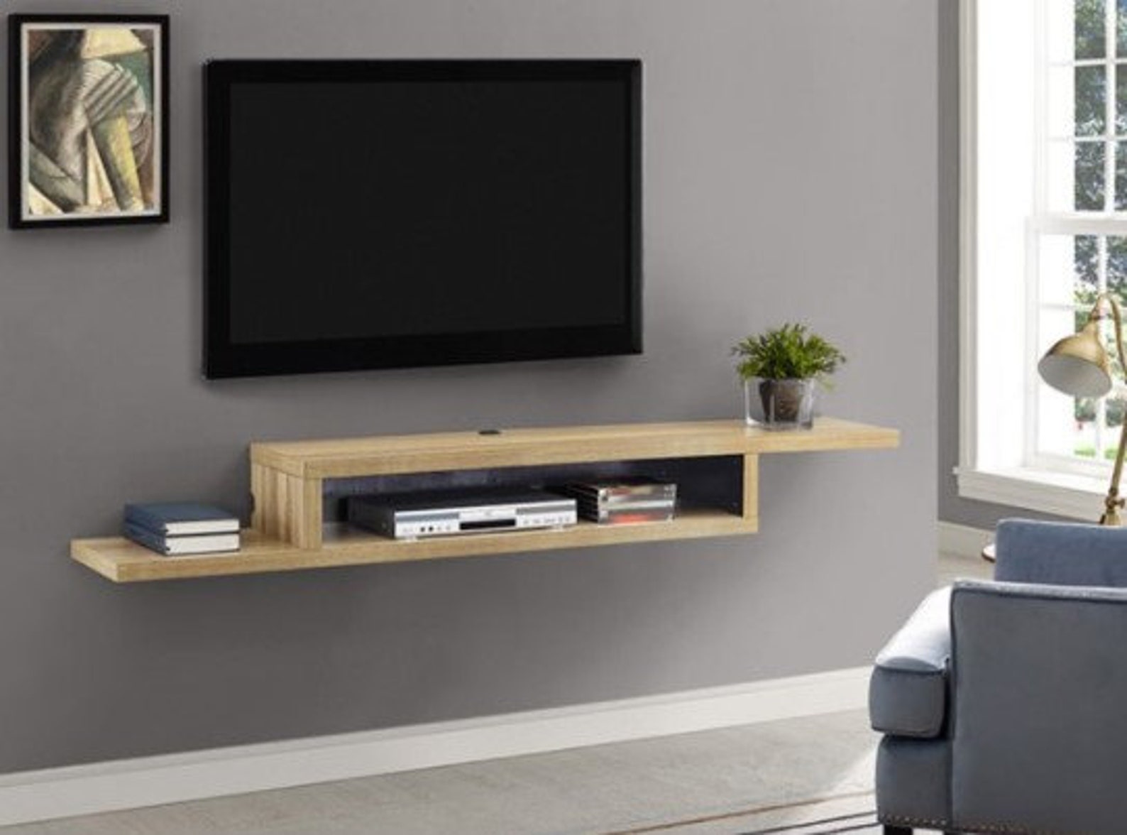 Asymmetrical Wall Mounted TV Shelf / wooden TV Unit / Modern Etsy