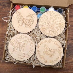 DIY butterfly painting kit, coaster paint kits, wooden diy butterfly flower coasters, painting for adults, gift for her, DIY craft gift