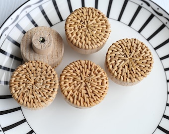 Natural rattan knob, Natural wood knob,rattan drawer Knob, Boho dresser handle knob, Cabinet Wooden Knobs Handles Pull, kitchen handle knob