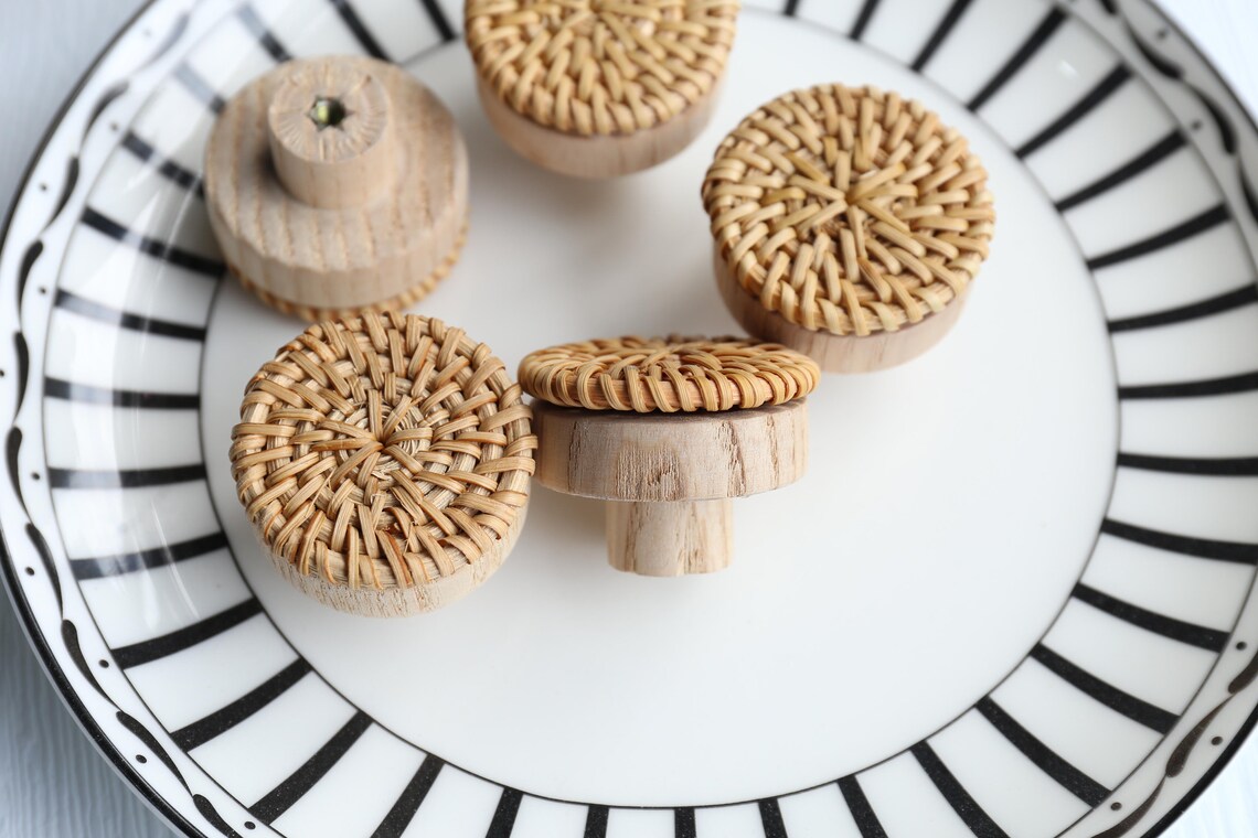 Boho rattan knob wood knobrattan drawer pull Boho Home Etsy