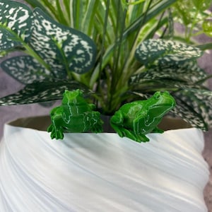 May include: Two bright green frog figurines perched on the edge of a white, swirled ceramic planter. The planter holds a lush green plant with white-speckled leaves. The frogs have detailed features.