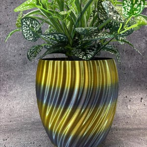 Op de afbeelding: Een decoratieve plant in een goud en blauwgrijs gewervelde plantenbak. De plant heeft groene bladeren met witte vlekken en staat in een cilindrische, geribbelde container. De kleurverloop van de plantenbak voegt visuele interesse toe.