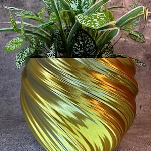 May include: A potted plant with green and white speckled leaves sits in a gold-colored, swirled planter. The planter has a glossy finish and a textured, ridged design. The background is a neutral gray.