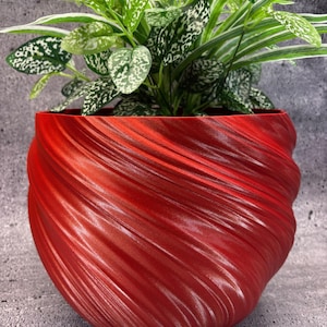 Peut inclure: Un pot de plante rouge vif avec un motif tourbillonnant texturé, rempli d'une plante verte luxuriante avec des feuilles blanches et tachetées. Le pot mesure environ 20 cm de diamètre.