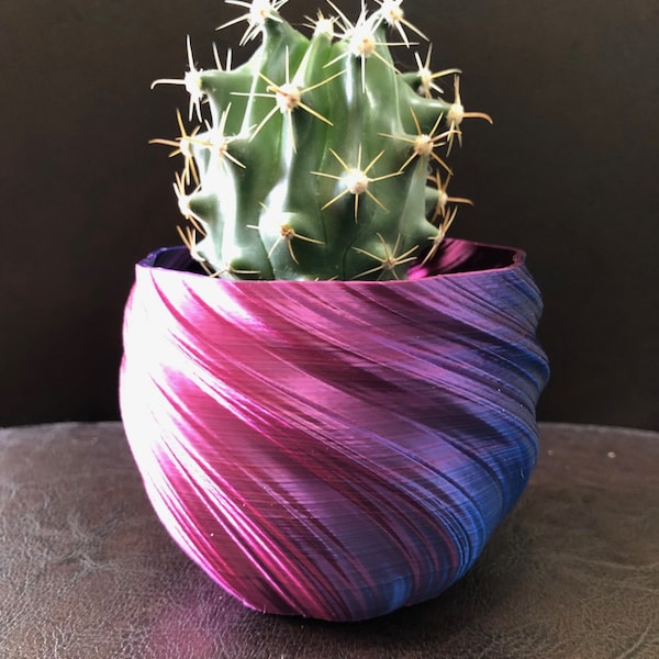 Small Twisted Flower Pot for Plants of all kinds (Iridescent Blue Raspberry color) - 4" Diameter by 3" Tall