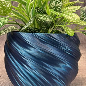 May include: A blue, textured planter with a swirling design holds a vibrant green plant with white-speckled leaves. The planter's color shifts with the light, creating a dynamic visual effect. The plant's leaves have a mix of solid green and white patterns.