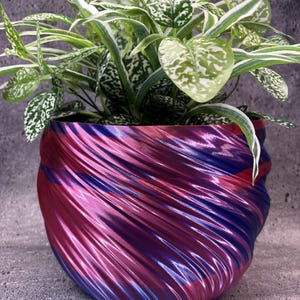 May include: A round plant pot with a metallic, iridescent finish featuring diagonal, swirling ridges in alternating shades of deep purple and vibrant magenta. A lush, variegated houseplant with green and white speckled leaves sits inside.