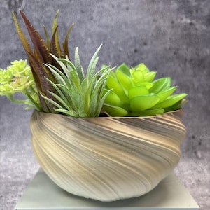 May include: A beige, spiraled, bowl-shaped planter containing a variety of artificial succulents. The arrangement includes a bright green rosette, a spiky light green plant, and tall, pointed, reddish-brown leaves, all clustered together.