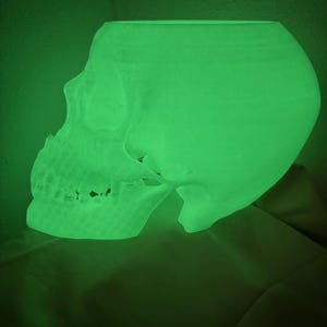 Può includere: Un oggetto decorativo a forma di teschio verde brillante. Il teschio è illuminato, mostrando i suoi dettagli, tra cui le orbite, la cavità nasale e i denti. L'oggetto è probabilmente realizzato in un materiale traslucido.