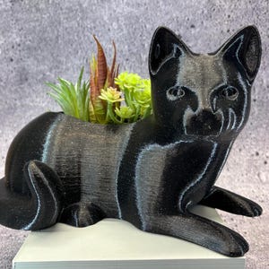 May include: A black cat-shaped planter with a textured finish. The cat is lying down, with a hollowed-out back filled with green and brown faux succulents. The planter is sitting on a white surface.