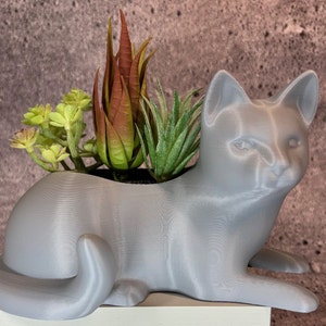 Puede incluir: Un macetero de cerámica gris en forma de gato con una variedad de suculentas verdes y una suculenta de punta roja que crece en su interior.