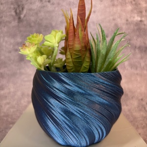 Puede incluir: Una maceta de cerámica azul con forma de espiral con tres tipos diferentes de suculentas. Las suculentas son verdes, rojas y marrones.