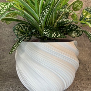 Pode incluir: Um vaso de cerâmica branco com um design em espiral e textura. O vaso está cheio de uma planta verde de folhas.