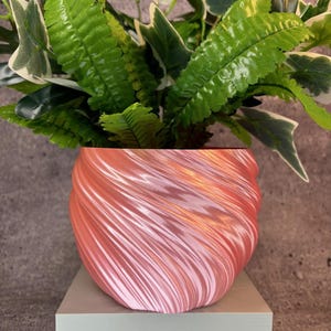 以下が含まれることがあります： 緑の葉の植物が入ったピンクの渦巻き模様のプランター。プランターは光沢のある虹色の仕上げになっています。