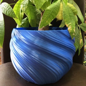 Può includere: Un vaso in ceramica blu con un motivo a spirale con una pianta verde a foglie.
