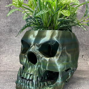 Extra Extra Large Skull pot for Succulents, Cactus or any Plant - 8.5&quot;wide x 12&quot;deep x 7.25&quot;tall (Olive Green Rainbow color); USA Store