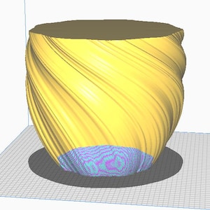 May include: A yellow cylindrical vessel with a spiraling, ribbed texture along its exterior walls. The base of the object features a distinct, textured pattern in shades of light blue and purple, contrasting with the smooth yellow upper section.