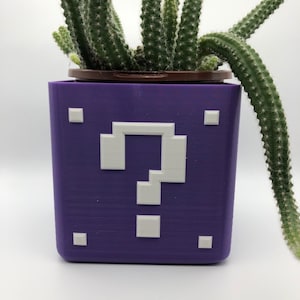 Puede incluir: Una maceta de color morado impresa en 3D con forma de bloque de interrogación del videojuego Super Mario Bros. Una planta de cactus está creciendo en la maceta.