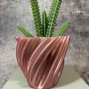 Op de afbeelding: Een roze gouden, 3D-geprinte, spiraalvormige pot met een vetplant erin.