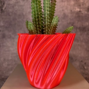Op de afbeelding: Een rode, 3D-geprinte plantenpot met een draaiend ontwerp, met een kleine groene cactusplant.