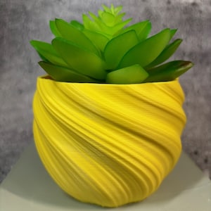 Puede incluir: Una maceta amarilla brillante, con textura en espiral, que contiene una vibrante planta suculenta verde. La maceta tiene forma redondeada y una superficie texturizada. La suculenta tiene múltiples hojas verdes. El fondo es gris moteado.