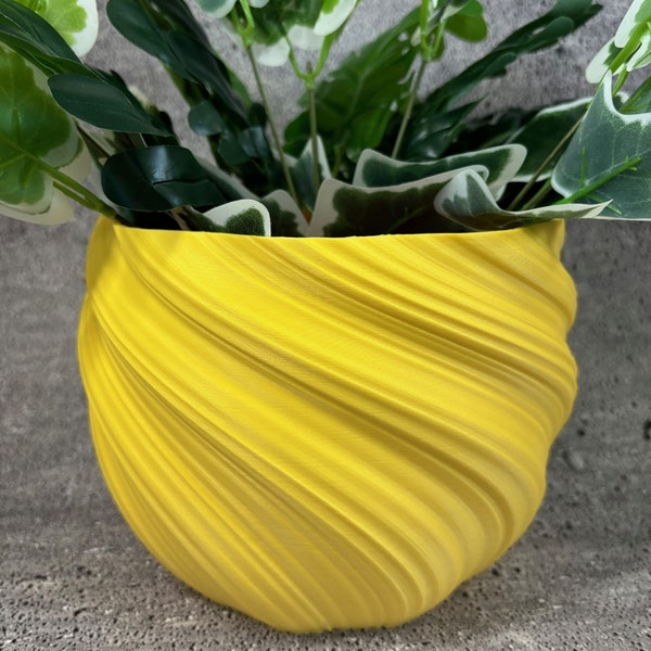 Large Twisted Flower Pot for Plants of all kinds (Matte Yellow color) - 8" Diameter by 6" Tall