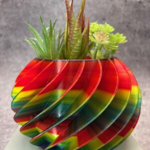 May include: A rainbow swirl planter with a red, orange, yellow, green, blue, indigo, and violet color scheme. The planter is filled with three small green succulent plants.