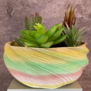 May include: A colorful, swirled ceramic planter with a variety of green succulents and a single red-brown succulent. The planter has a light pink, green, and yellow color scheme.