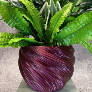 May include: A burgundy-coloured plant pot with a textured, swirling design. The pot is filled with a variety of green plants, including ferns and other leafy plants. The pot is placed on a light green surface.