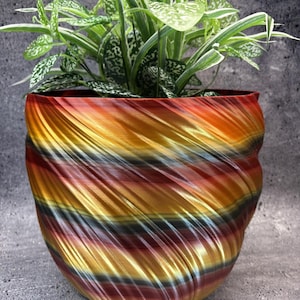 Extra Extra Large Tall Twisted Flowerpot for Plants of all Kinds (Gold/Black/Red color) - 12" Diameter by 10.25" Tall; Modern Planter