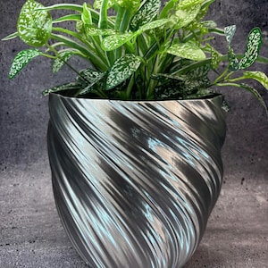 Op de afbeelding: Een zilverkleurige, spiraalvormige bloempot gevuld met groene planten. De planten hebben groene bladeren met witte vlekken en lange, dunne groen-wit gestreepte bladeren. De pot heeft een uniek, wervelend ontwerp.