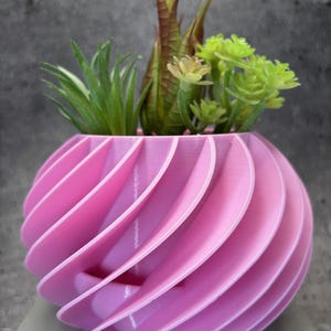 May include: A pink, 3D printed planter with a swirling design. The planter is filled with a variety of green and brown succulents.