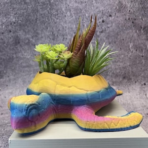 May include: A 3D printed turtle-shaped planter featuring a gradient of yellow, blue, and pink colors. The shell serves as a container for several small artificial succulent plants in shades of light green, dark green, and reddish-brown.