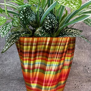 Pode incluir: Um vaso de cerâmica colorido, listrado, ondulado com uma planta verde com manchas brancas.