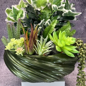May include: A collection of artificial succulents and foliage arranged in a dark green, spiraled, bowl-shaped planter. The arrangement includes variegated ivy, spiky cacti, light green rosettes, and a trailing string of pearls plant.