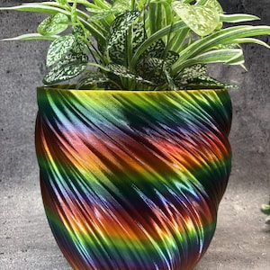 May include: A plant pot with a spiraling, twisted texture and a metallic rainbow gradient finish that shifts between red, orange, yellow, green, blue, and purple. A green and white variegated houseplant is planted inside the container.