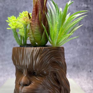 May include: A brown, 3D-printed planter shaped like a Wookiee's head, filled with assorted artificial succulents. The faux plants include green, red, and yellow-green foliage, creating a vibrant contrast against the brown planter.