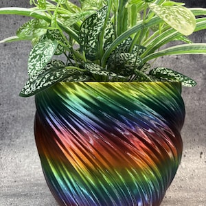May include: A plant pot with a spiraling, twisted texture and a metallic rainbow gradient finish that shifts from deep purple and blue to vibrant green, yellow, and red. A leafy green and white variegated plant sits inside the colorful container.