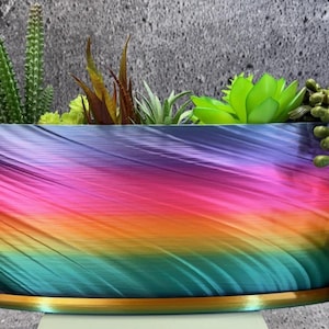 Op de afbeelding: Een levendige, regenboogkleurige plantenbak met een wervelend ontwerp, gevuld met een verscheidenheid aan vetplanten en cactussen. De plantenbak staat op een goudkleurige basis, wat een vleugje elegantie toevoegt aan dit decoratieve stuk.